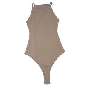 REORIA High Neck Sleeveless Thong Bodysuit Taupe Snap Closure Women's Size S